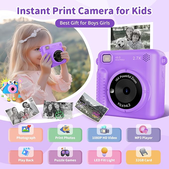Kids Instant Camera With Built-In Thermal Printer (32GB SD Card Incl)