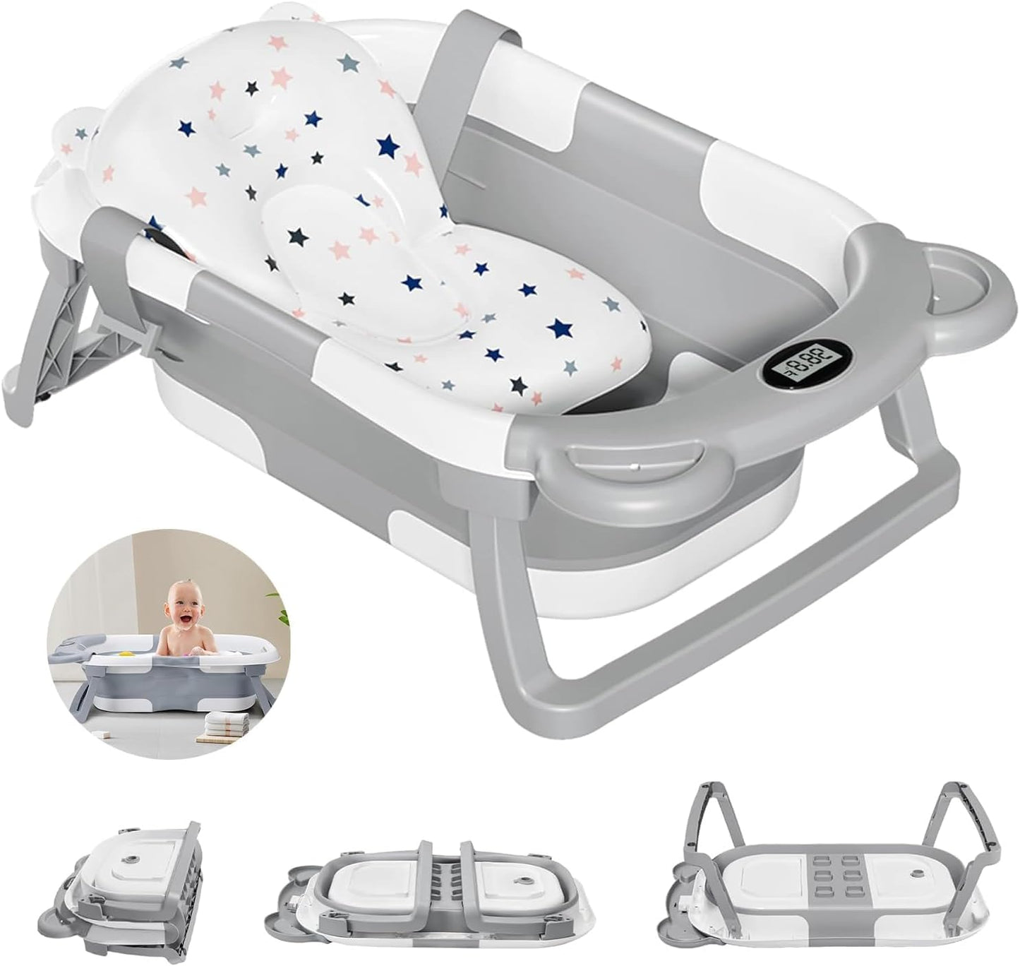 Foldable Baby Bathtub With Support Cushion & Thermometer - Grey