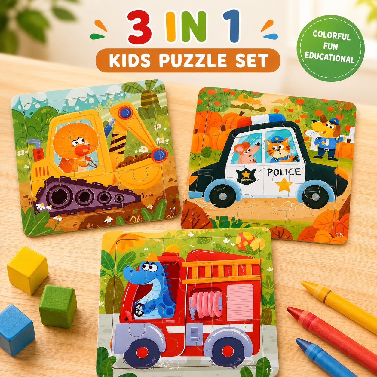 9-Piece Toddler Wooden Puzzle (Set of 3)