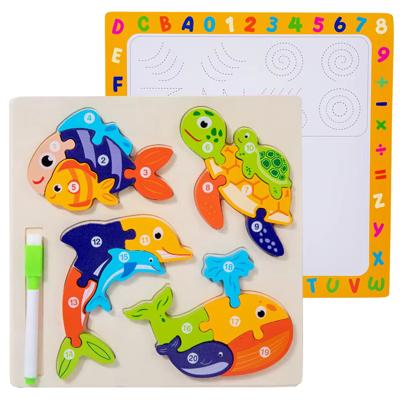 2in1 Wooden Chunky Animal Puzzle & White Drawing Board