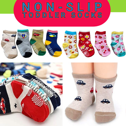 Anti-Slip Toddler Socks – 4-Pack Non-Slip Cotton Socks (9M–2Y)