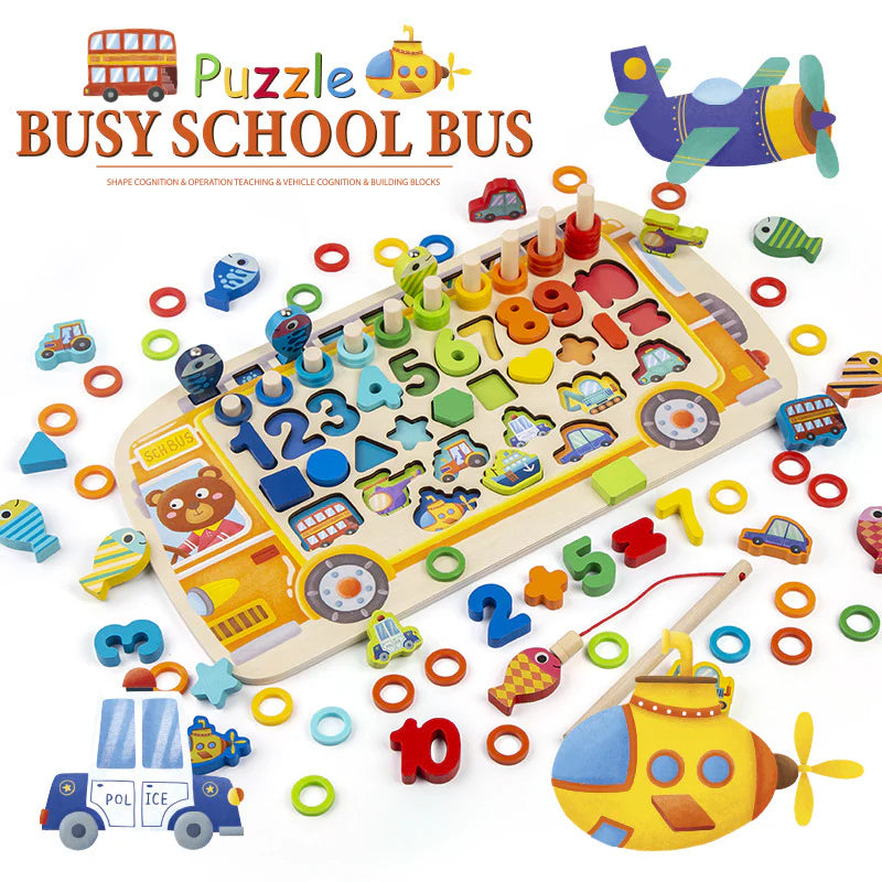 Montessori 6in1 Wooden Educational Puzzle & Sorting Board - Yellow School Bus