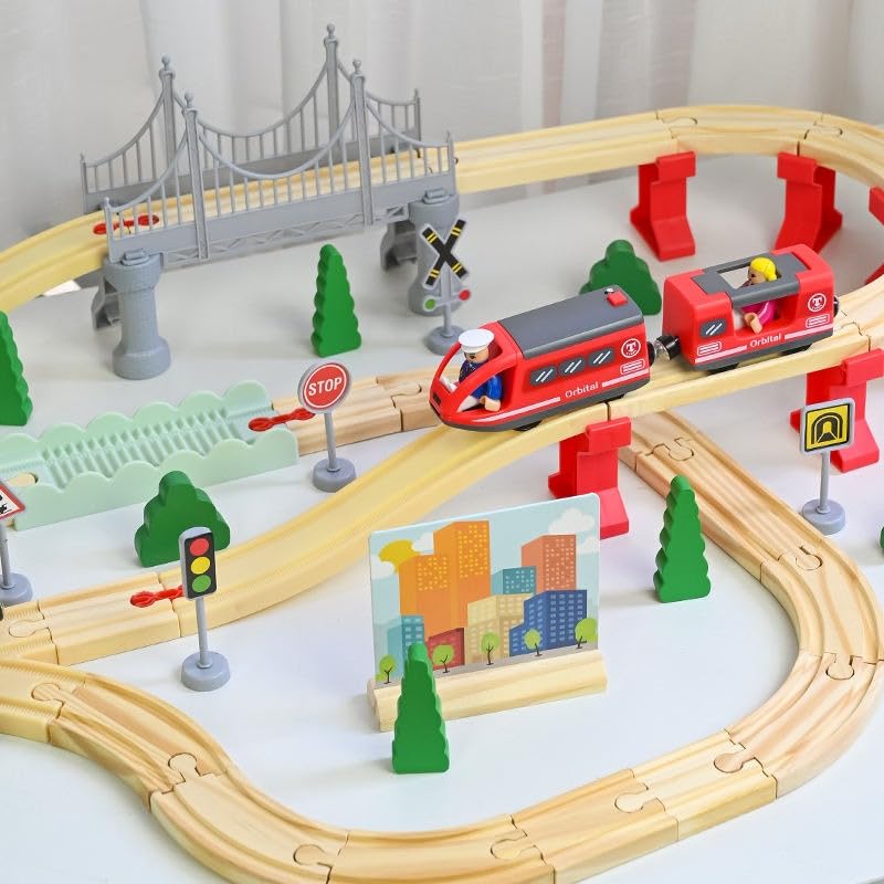 Simple Toy Wooden Train Set (72pcs) - With Battery Operated Train Engine