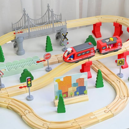 Simple Toy Wooden Train Set (72pcs) - With Battery Operated Train Engine