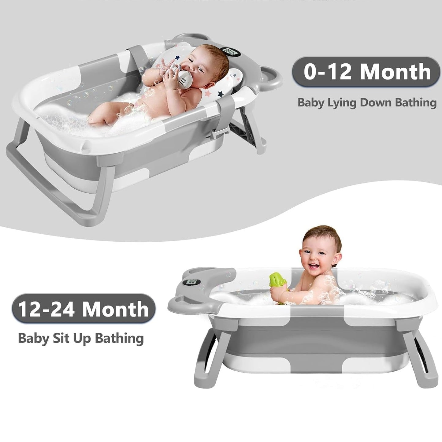 Foldable Baby Bathtub With Support Cushion & Thermometer - Grey