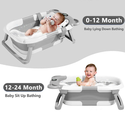 Foldable Baby Bathtub With Support Cushion & Thermometer - Grey