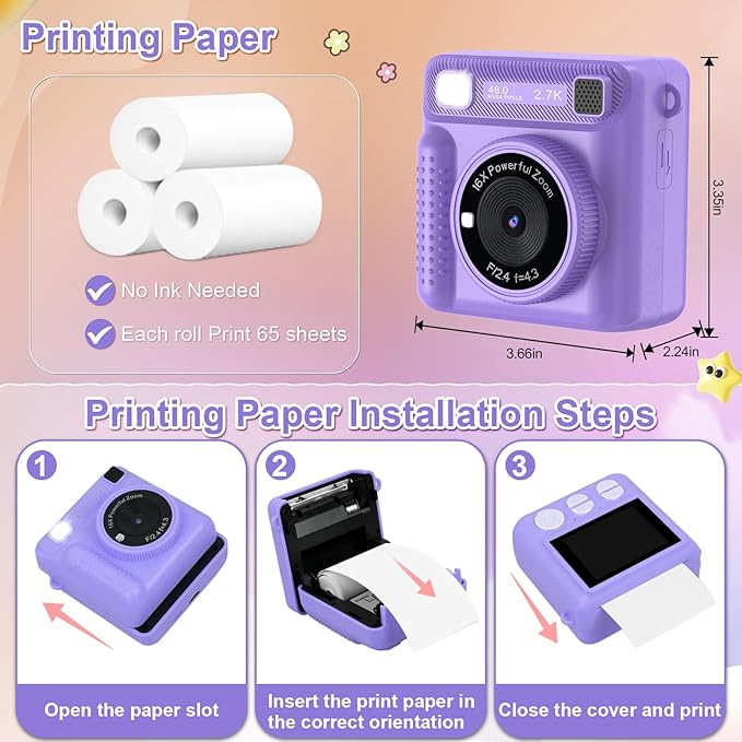 Kids Instant Camera With Built-In Thermal Printer (32GB SD Card Incl)