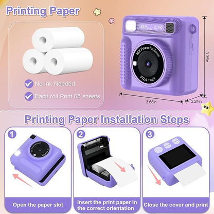 Kids Instant Camera With Built-In Thermal Printer (32GB SD Card Incl)
