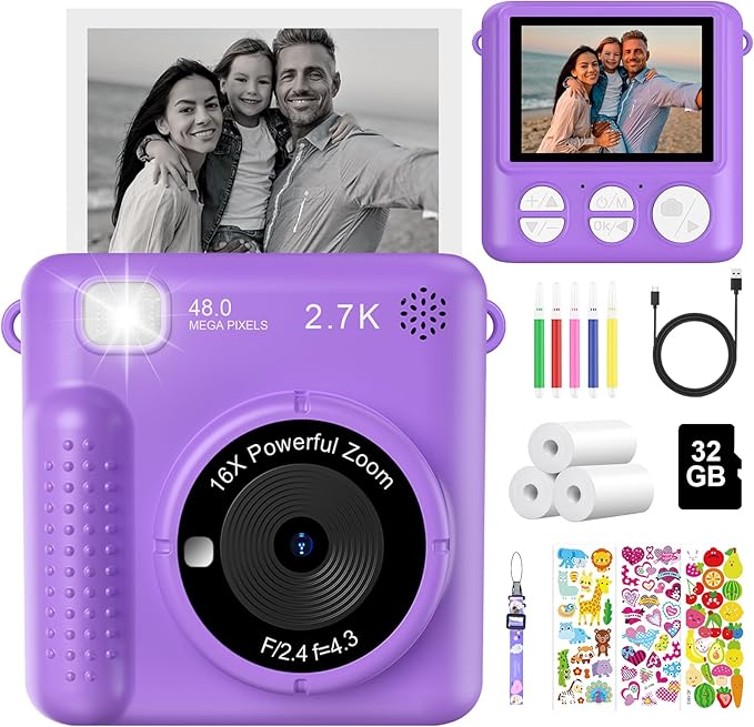 Kids Instant Camera With Built-In Thermal Printer (32GB SD Card Incl)