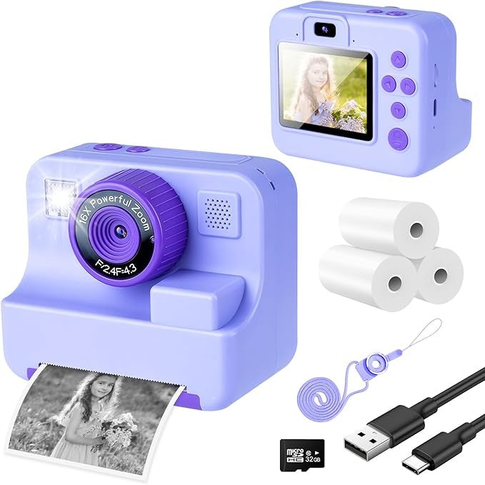 Kids Instant Camera With Built-In Thermal Printer (32GB SD Card Incl)