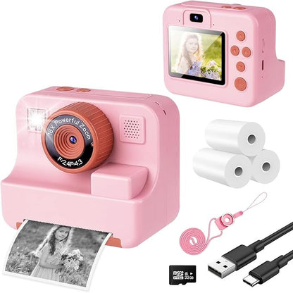 Kids Instant Camera With Built-In Thermal Printer (32GB SD Card Incl)