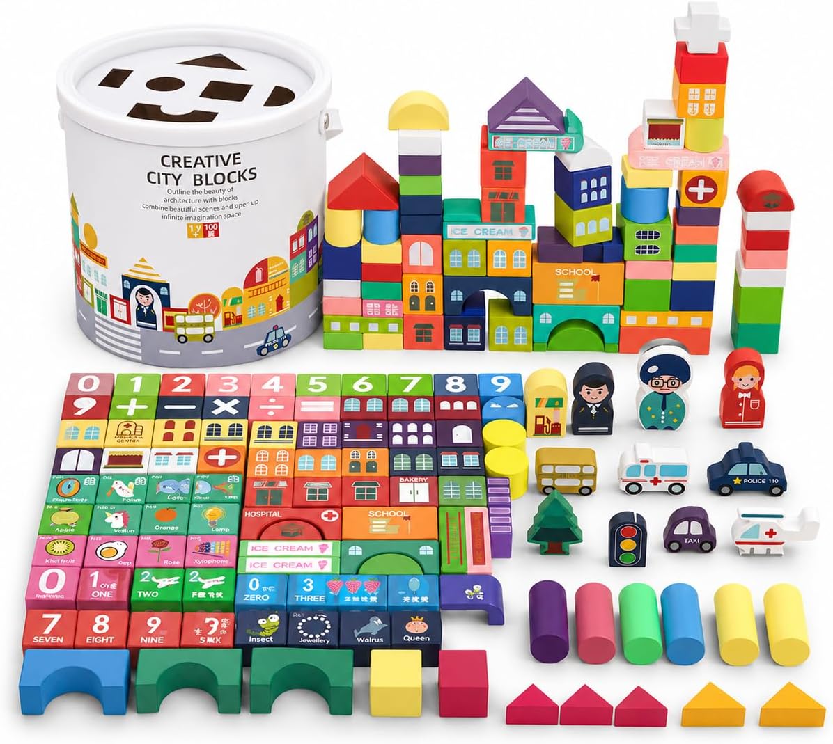 Kids Wooden Building Blocks - 100 Pieces