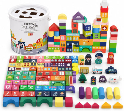 Kids Wooden Building Blocks - 100 Pieces