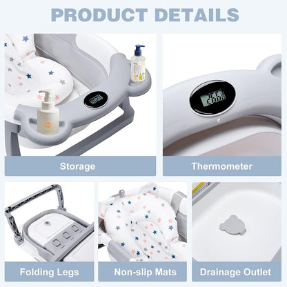 Foldable Baby Bathtub With Support Cushion & Thermometer - Grey