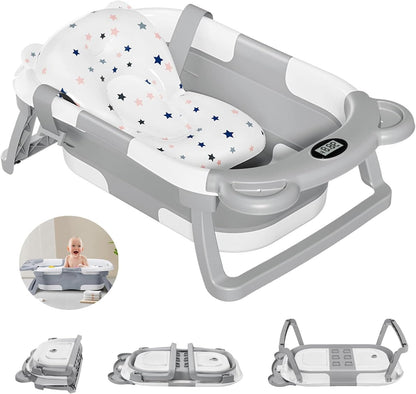 Foldable Baby Bathtub With Support Cushion & Thermometer - Grey