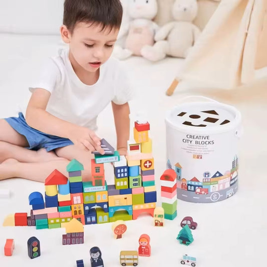Kids Wooden Building Blocks - 100 Pieces