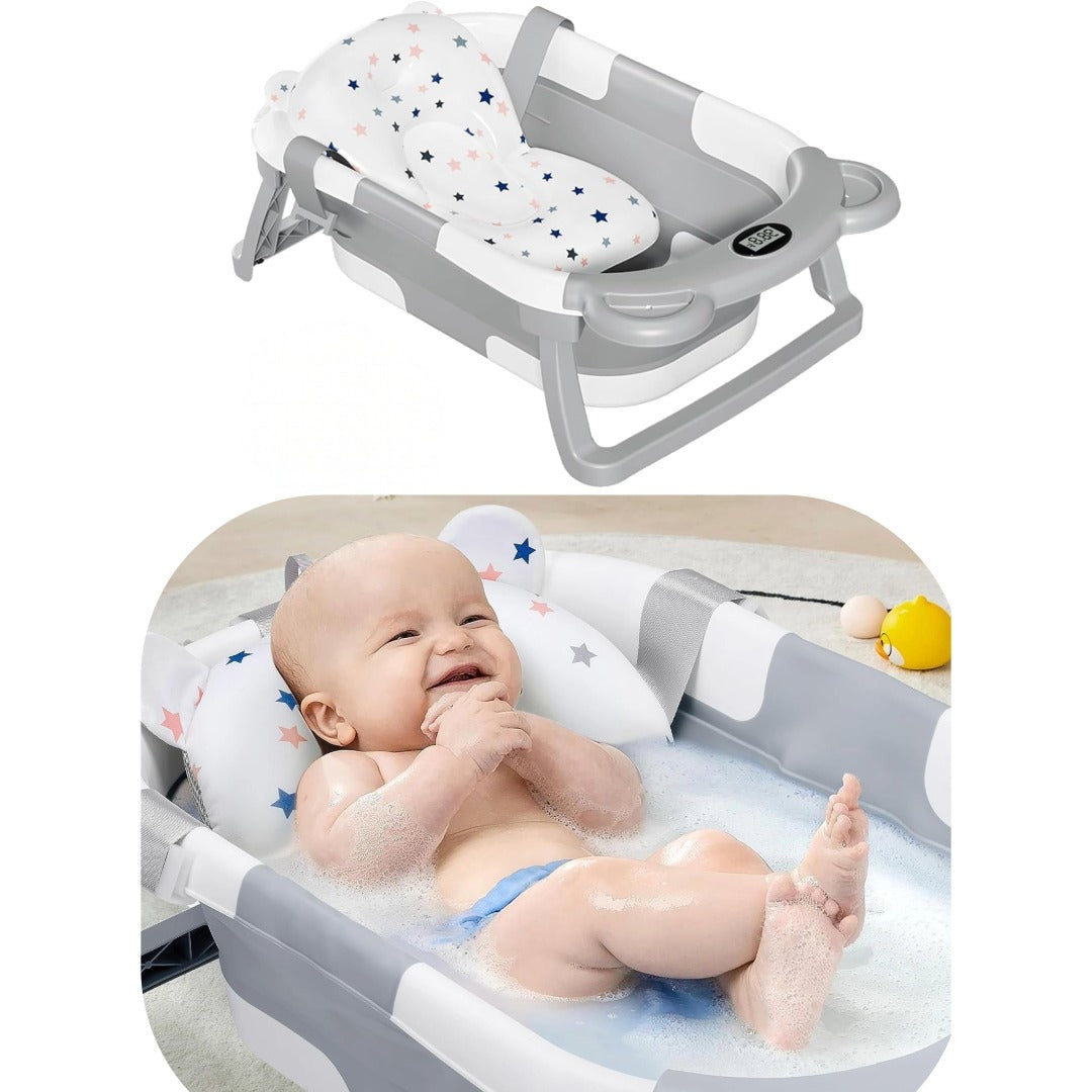 Foldable Baby Bathtub With Support Cushion & Thermometer - Grey