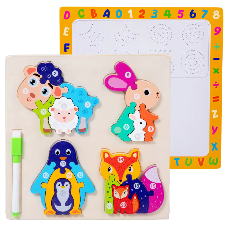2in1 Wooden Chunky Animal Puzzle & White Drawing Board