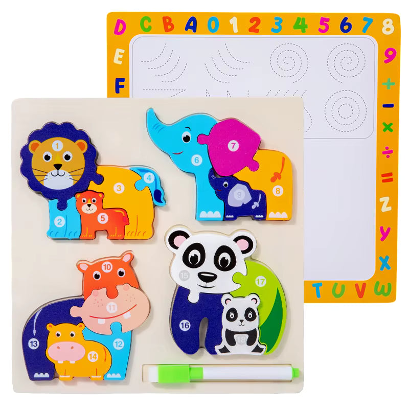 2in1 Wooden Chunky Animal Puzzle & White Drawing Board
