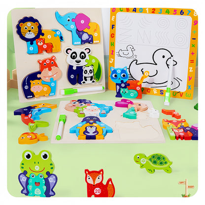 2in1 Wooden Chunky Animal Puzzle & White Drawing Board