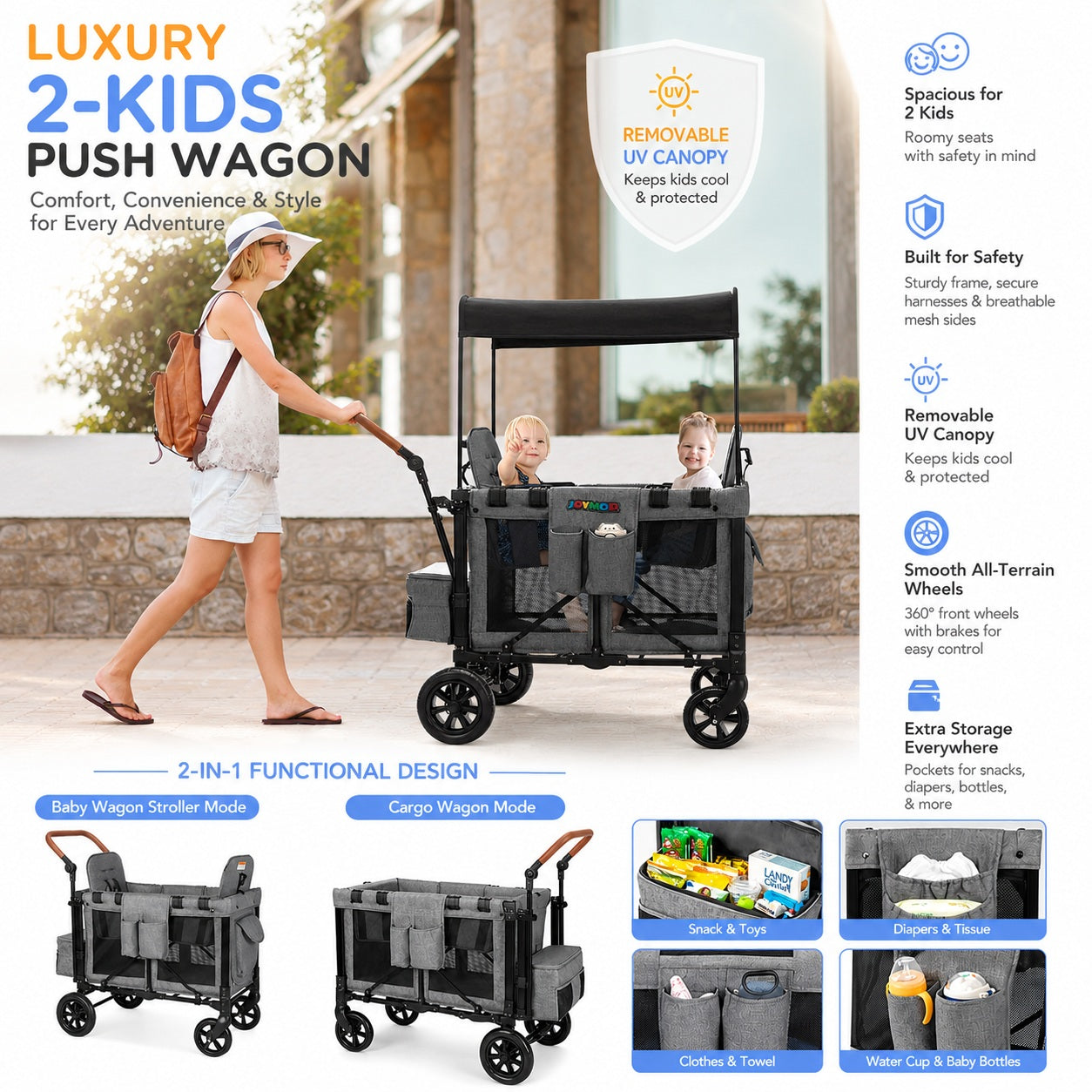 Luxury Foldable Wagon Stroller for 2 Kids & Cargo