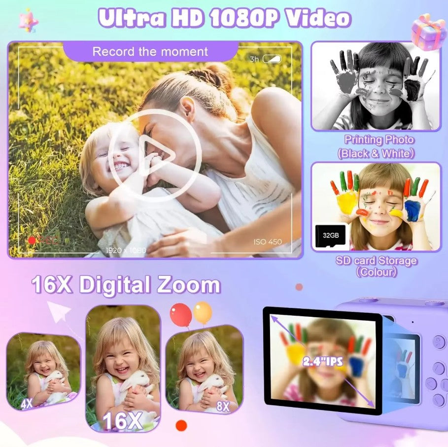 Kids Instant Camera With Built-In Thermal Printer (32GB SD Card Incl)