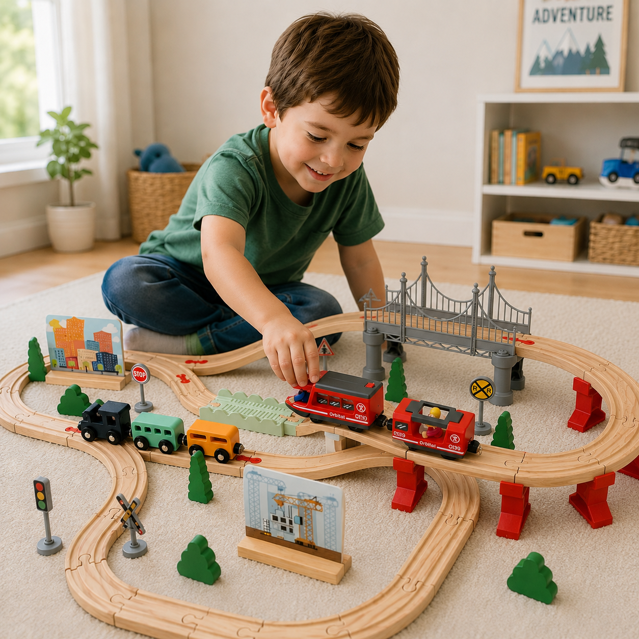 Simple Toy Wooden Train Set (72pcs) - With Battery Operated Train Engine