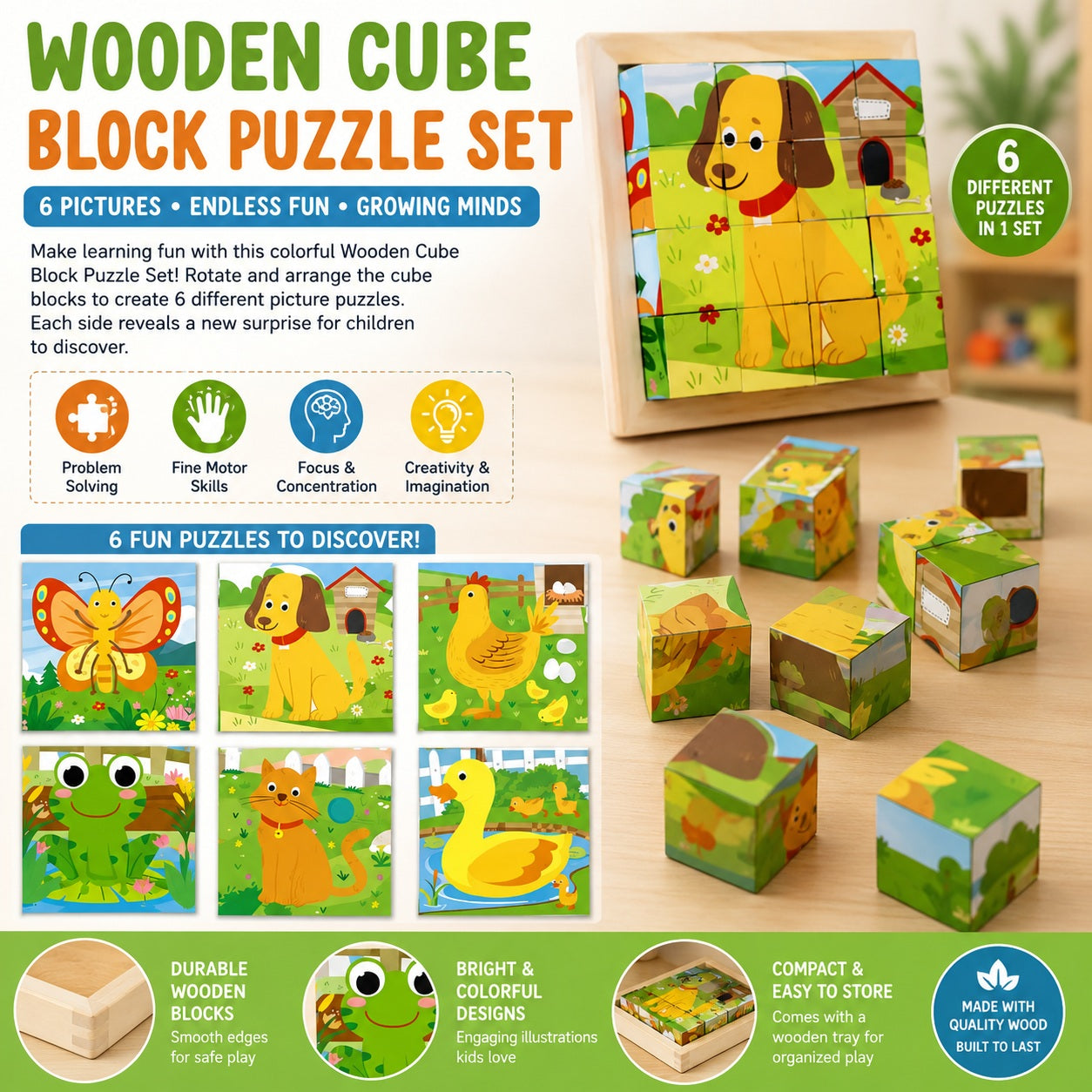 Montessori Wooden Cube Block Puzzle -6IN1